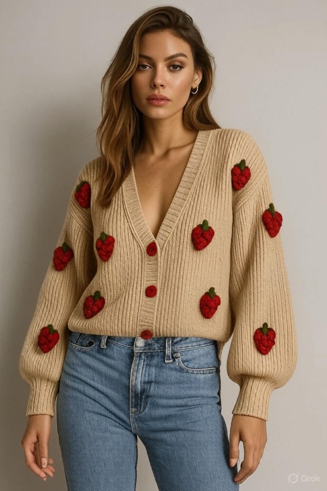 Gilet Beige en Maille Motifs Fraises – Cardigan Oversize Automne/Hiver Femme | Collection 2025/2026