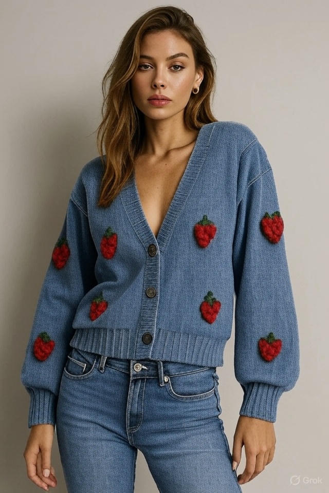 Gilet Beige en Maille Motifs Fraises – Cardigan Oversize Automne/Hiver Femme | Collection 2025/2026