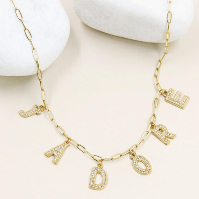 Collier “J’ADORE” en Acier Inoxydable – Chaîne Maille & Lettres Strassées | Bijou Tendance Femme