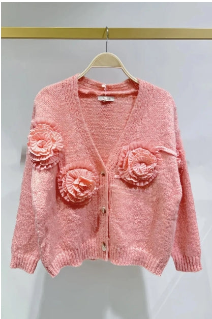 Cardigan en maille crème avec boutons et appliqués fleurs 3D ton sur ton posé à plat