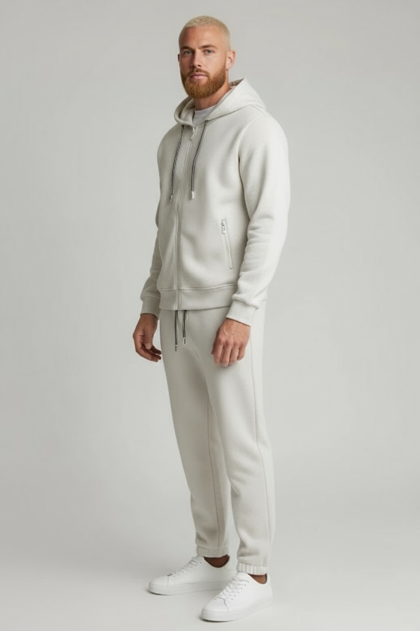 Ensemble homme coton beige – veste zippée et pantalon assorti – Collection Automne/Hiver 2025/2026