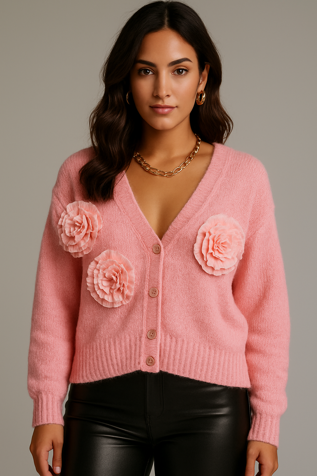 Femme portant un cardigan en maille crème avec appliqués fleurs 3D ton sur ton, coupe droite et encolure V