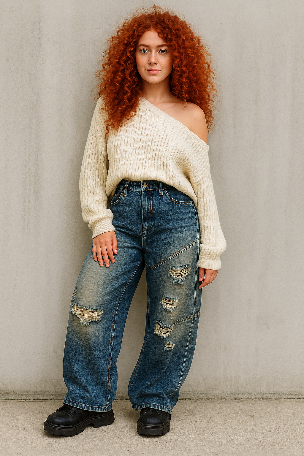 Jean large femme denim vintage déchiré – porté avec pull oversize