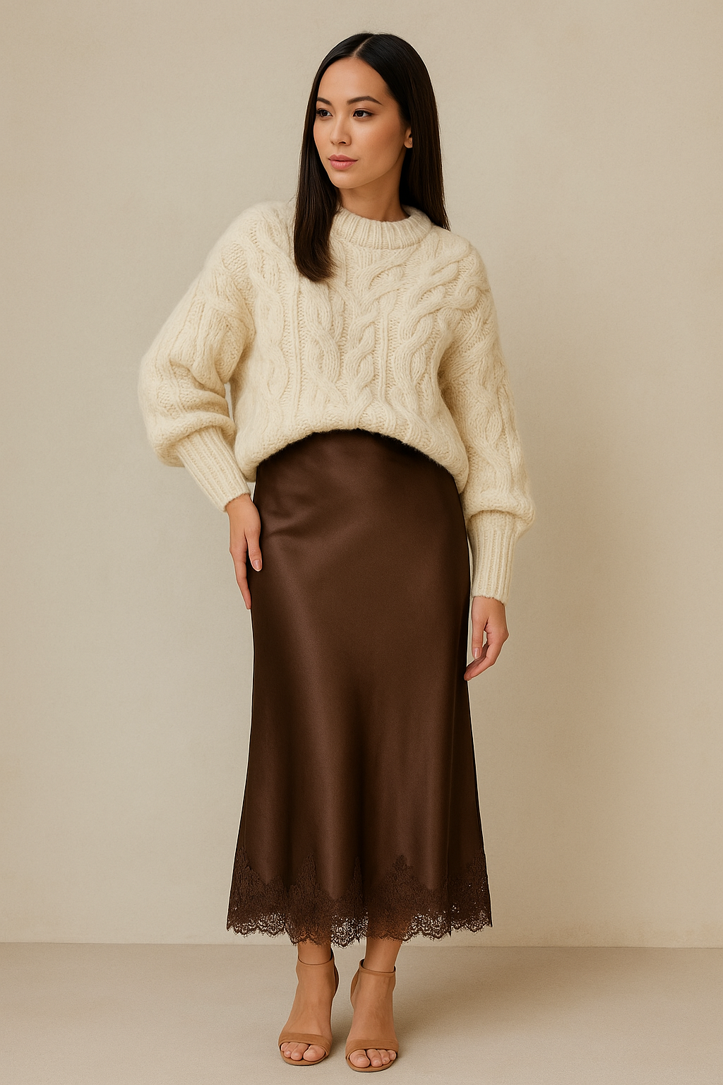 Jupe satin verte longue avec finition dentelle – look pull oversize