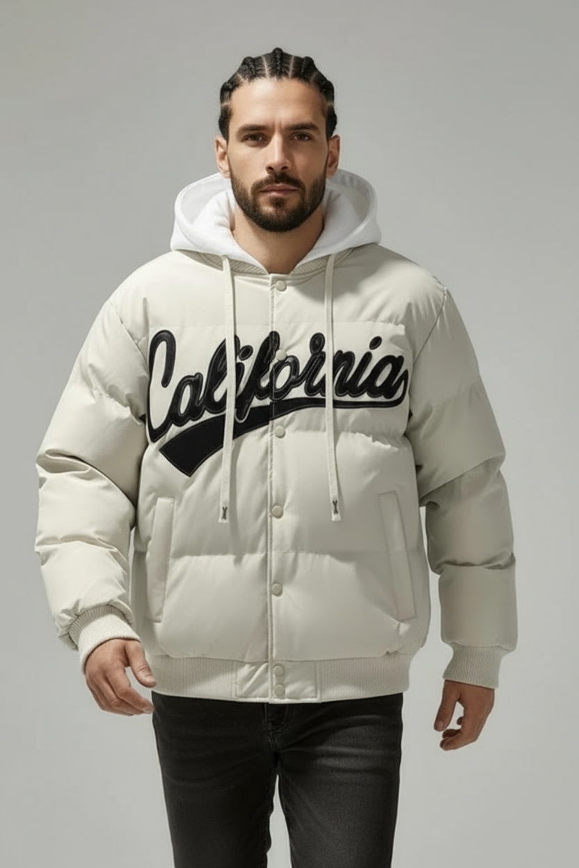 Men’s hooded padded jacket with California logo, beige winter outerwear – Fall/Winter 2025/2026 collection.