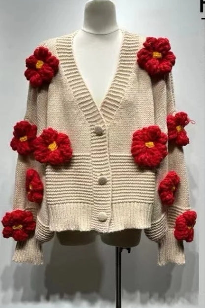 Cardigan en Acrylique avec Fleurs en Relief – Gilet Oversize Tendance | Collection Automne/Hiver 2025/2026