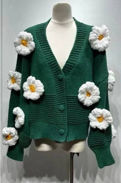 Cardigan en Acrylique avec Fleurs en Relief – Gilet Oversize Tendance | Collection Automne/Hiver 2025/2026