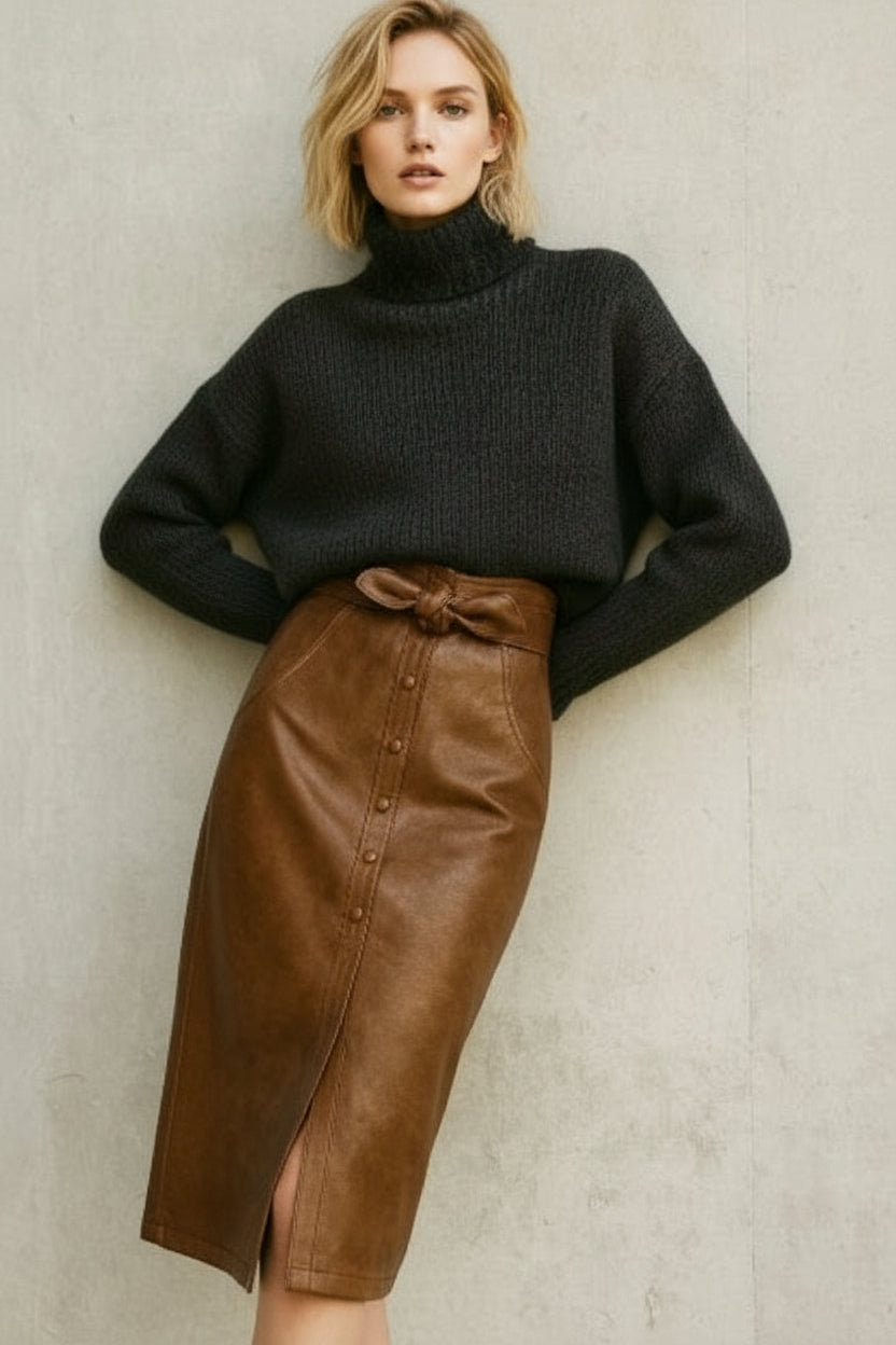 Jupe Crayon en Similicuir Marron – Taille Nouée & Style Élégant | Collection Automne/Hiver 2025/2026