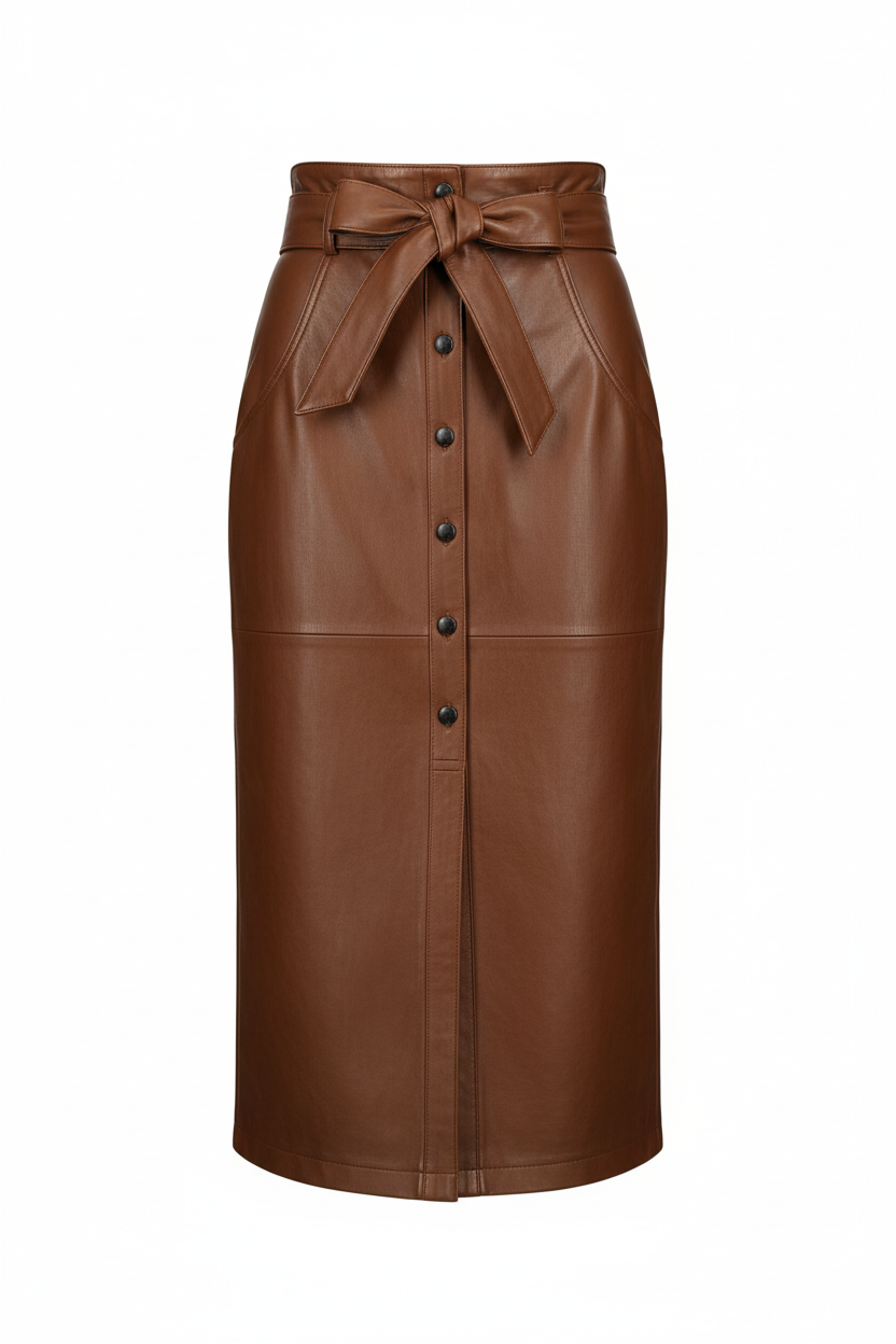 Jupe Crayon en Similicuir Marron – Taille Nouée & Style Élégant | Collection Automne/Hiver 2025/2026