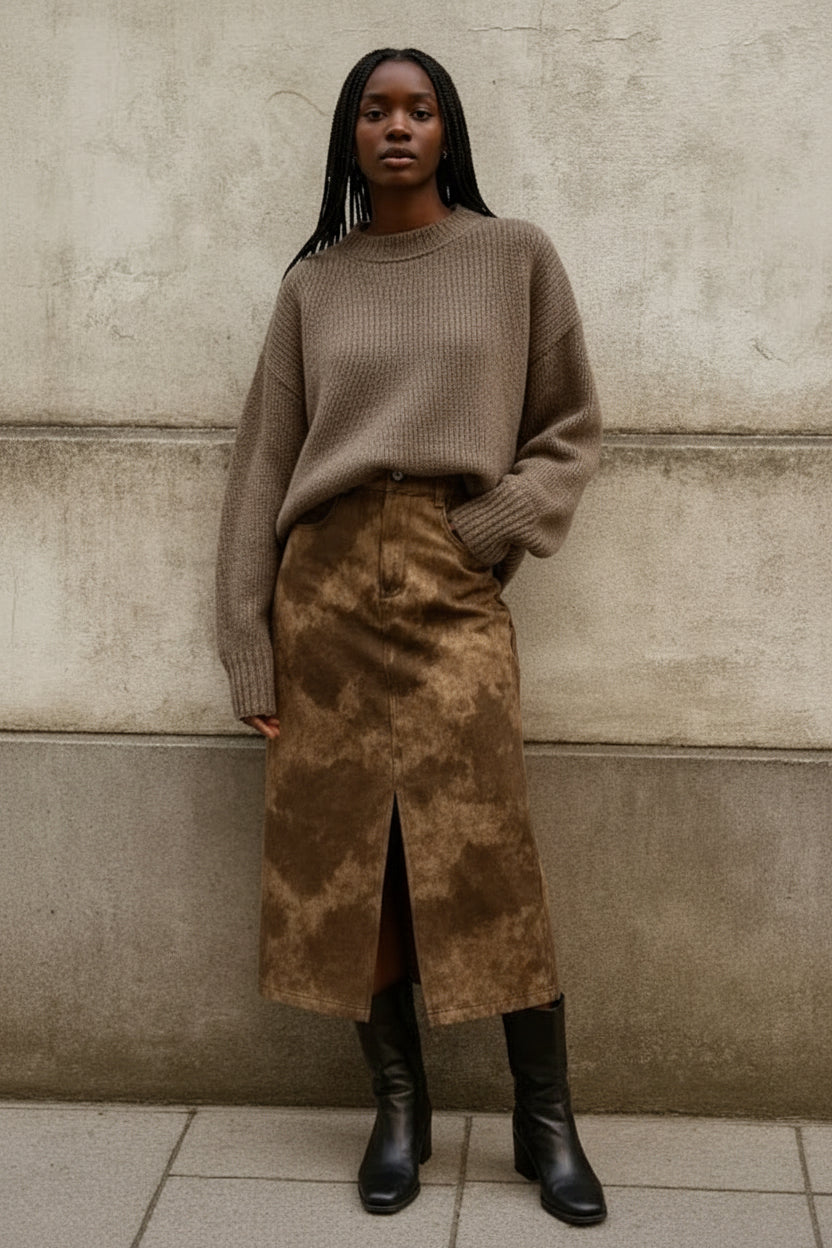 Jupe Midi en Similicuir Tie & Dye – Fente Élégante | Collection Automne/Hiver 2025/2026