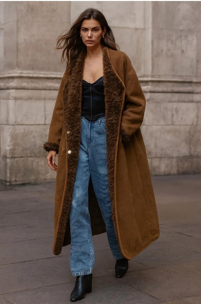 Manteau Réversible Fausse Fourrure & Suédine – Long & Élégant | Collection Spring/Summer 2026