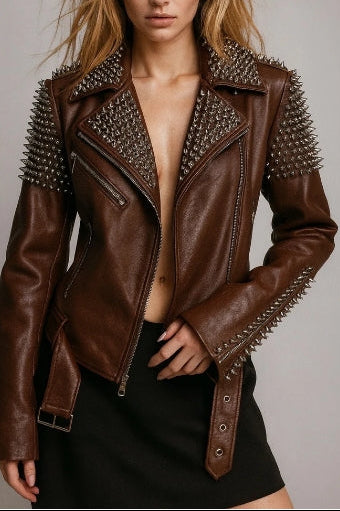 Veste Biker Femme en Simili Cuir – Clous Métalliques