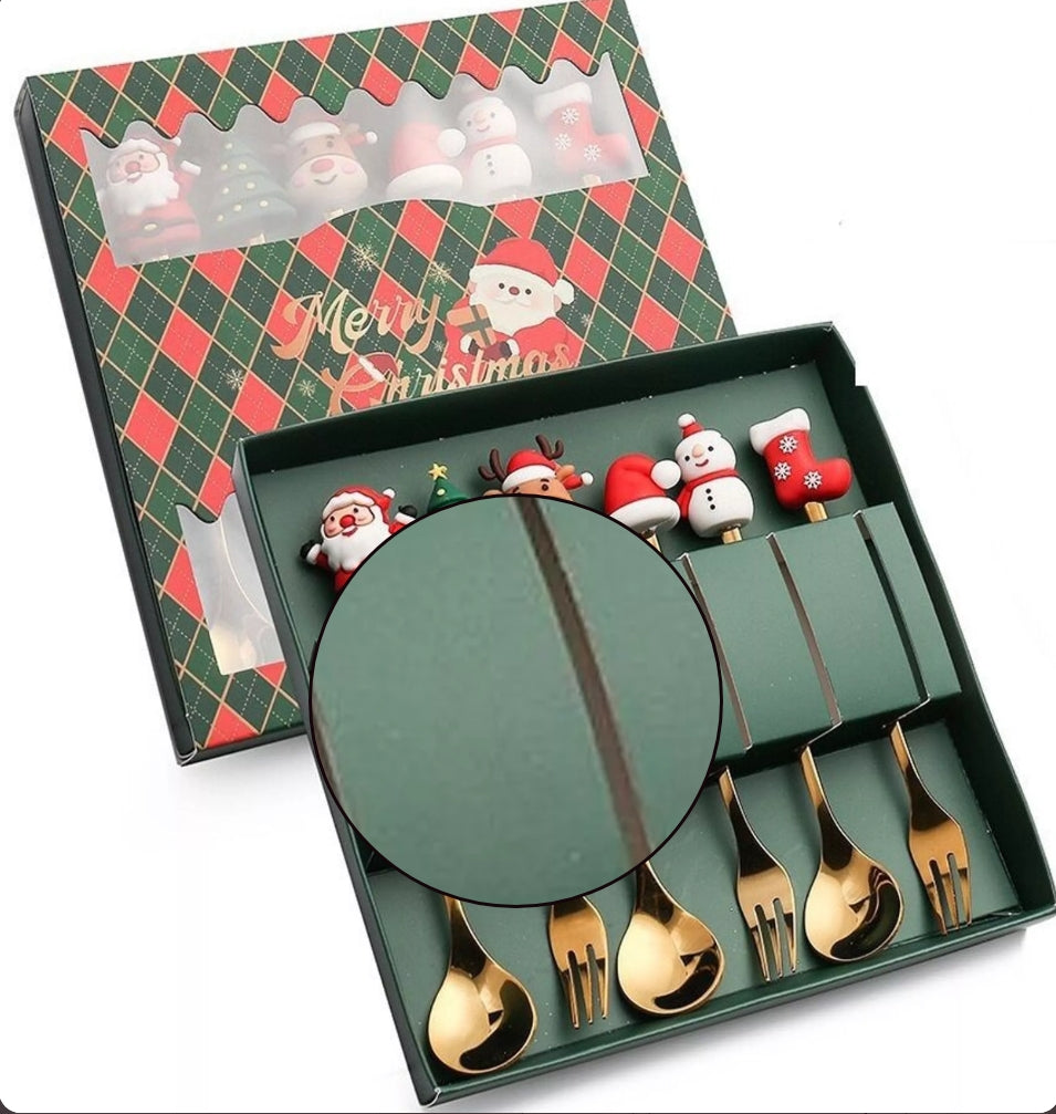 Coffret 6 Couverts à Dessert Dorés – Édition Noël – Boîte Cadeau Premium