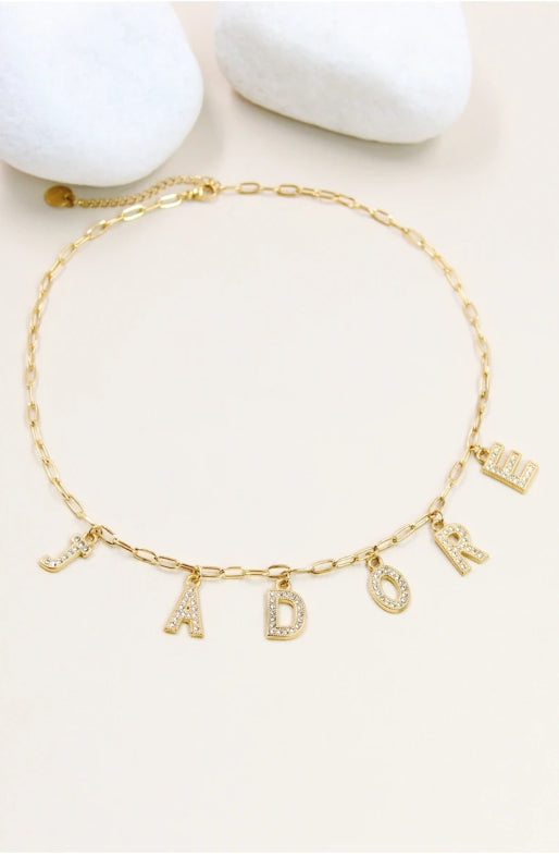 Collier “J’ADORE” en Acier Inoxydable – Chaîne Maille & Lettres Strassées | Bijou Tendance Femme