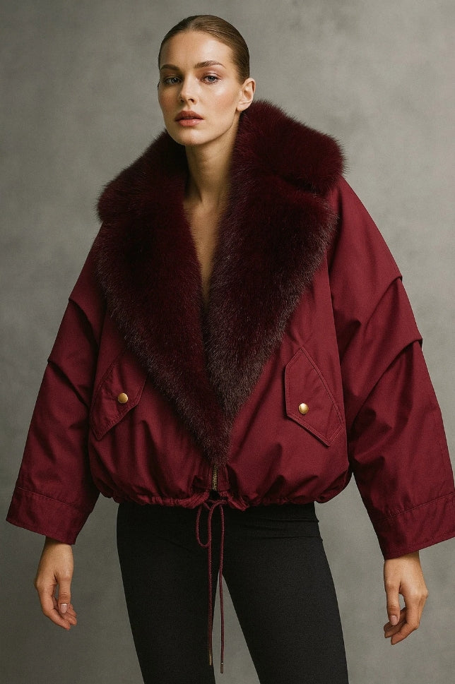 Veste Femme Bordeaux avec Col en Fausse Fourrure – Élégante & Chaude | Collection Spring/Summer 2026