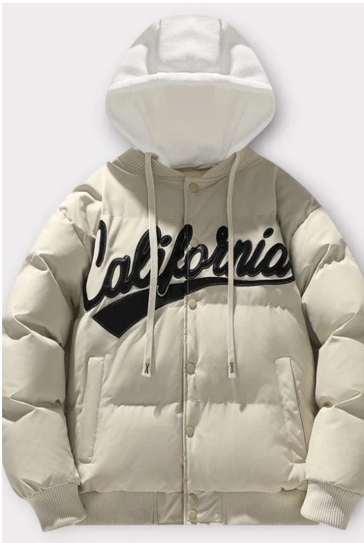 Veste matelassée à capuche homme beige avec logo California – Collection Automne/Hiver 2025/2026