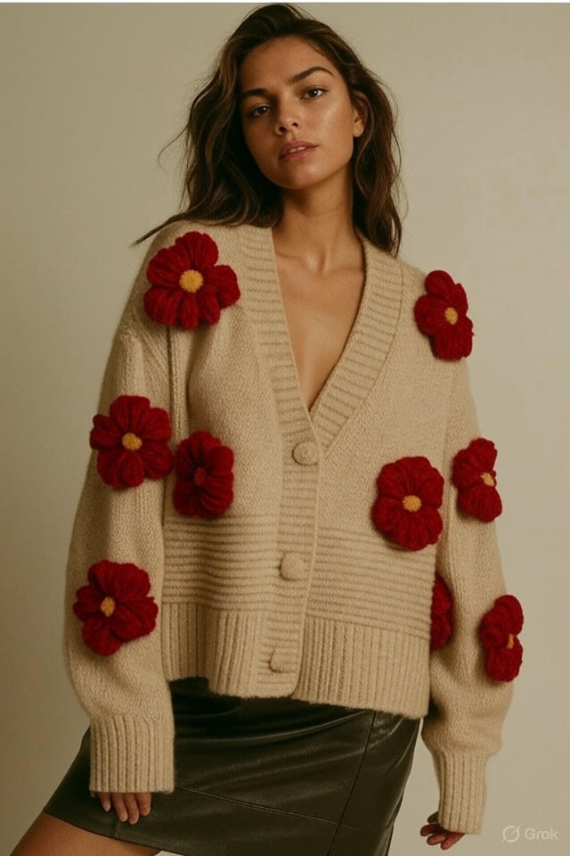 Cardigan en Acrylique avec Fleurs en Relief – Gilet Oversize Tendance | Collection Automne/Hiver 2025/2026