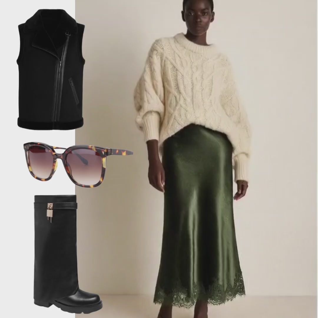 Jupe satin longue femme avec dentelle – taille haute, coupe fluide Mochy